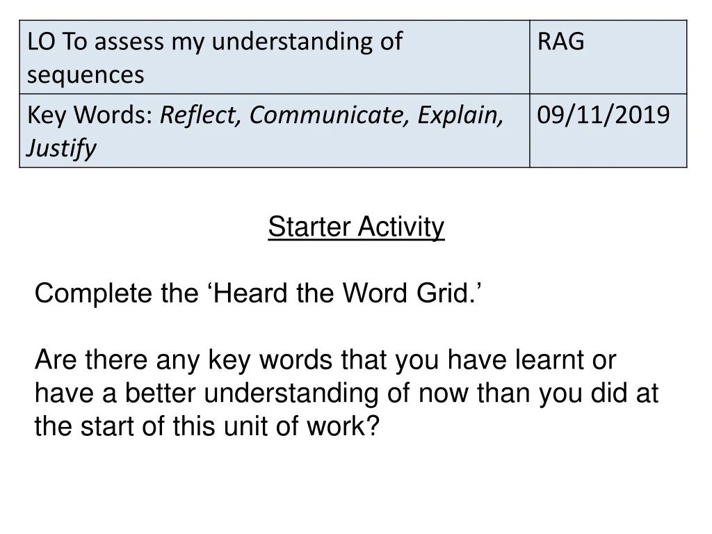 starter activity complete the heard the word grid