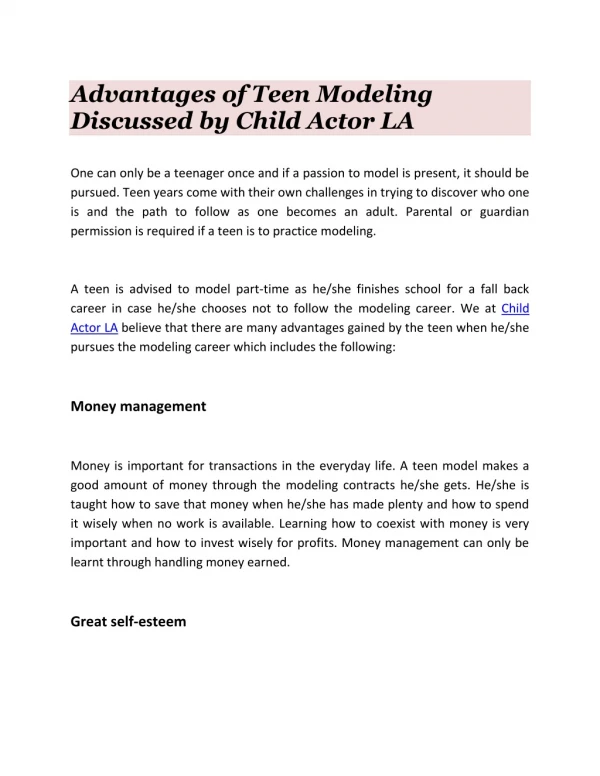 Advantages of Teen Modeling Discussed by Child Actor LA