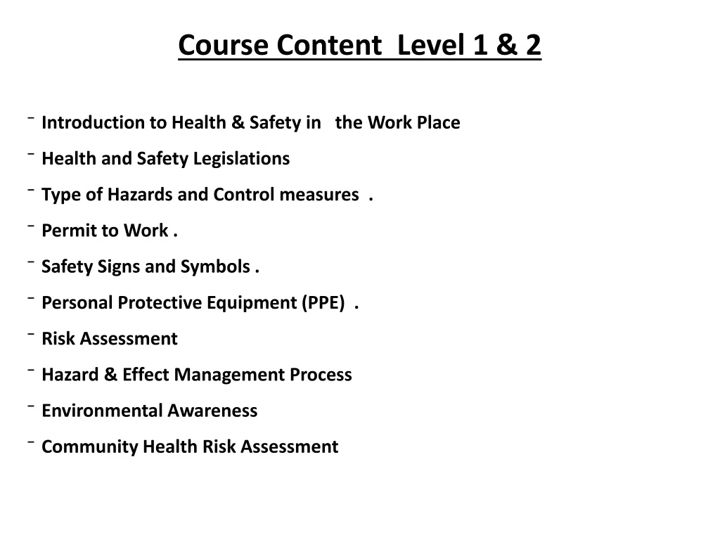 course content level 1 2 introduction to health
