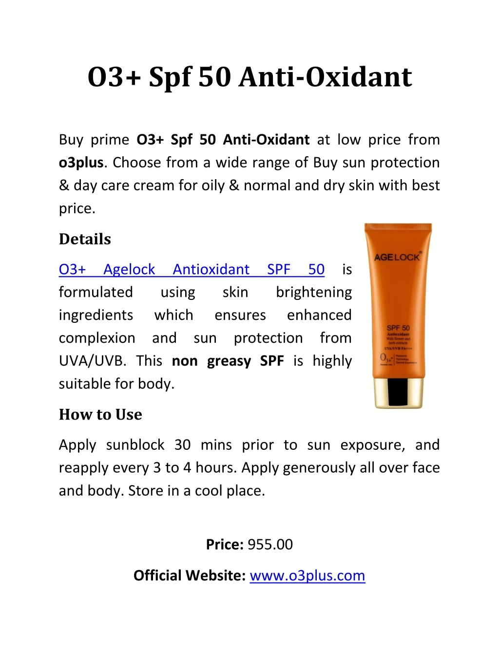 o3 spf 50 anti oxidant