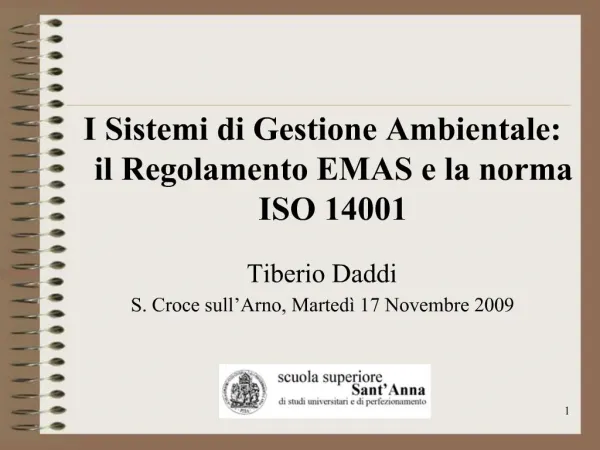 I Sistemi di Gestione Ambientale: il Regolamento EMAS e la norma ISO 14001 Tiberio Daddi S. Croce sull Arno, Marted 1