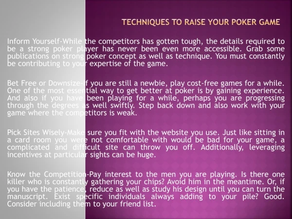 Techniques to Raise Your Poker Game