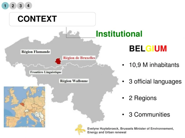 BEL GI UM 10,9 M inhabitants 3 official languages 2 Regions 3 Communities