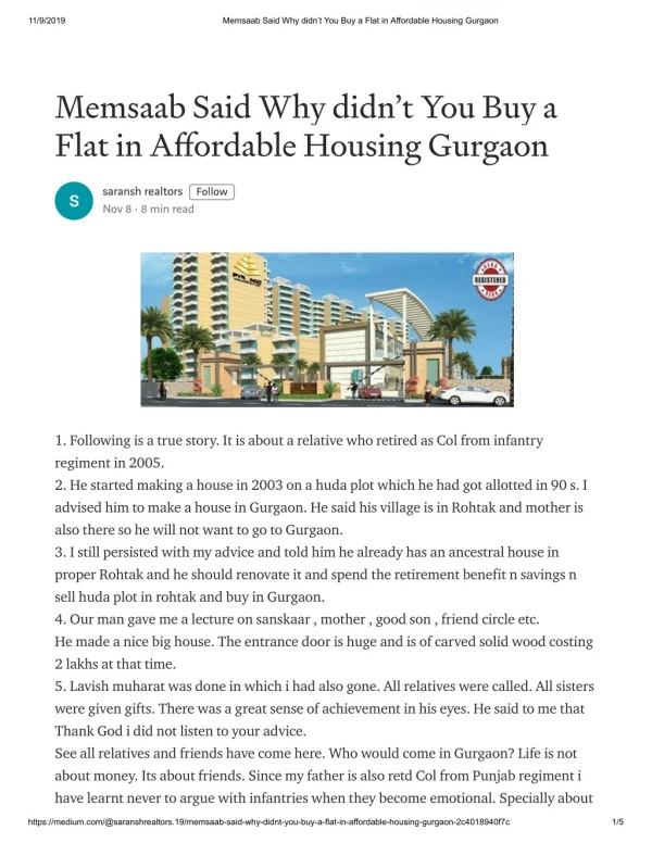 Memsab Said Why didnt You Buy a Flat in Affordable Housing Gurgaon