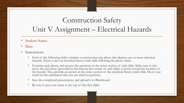 Construction Safety Unit V Assignment – Electrical Hazards