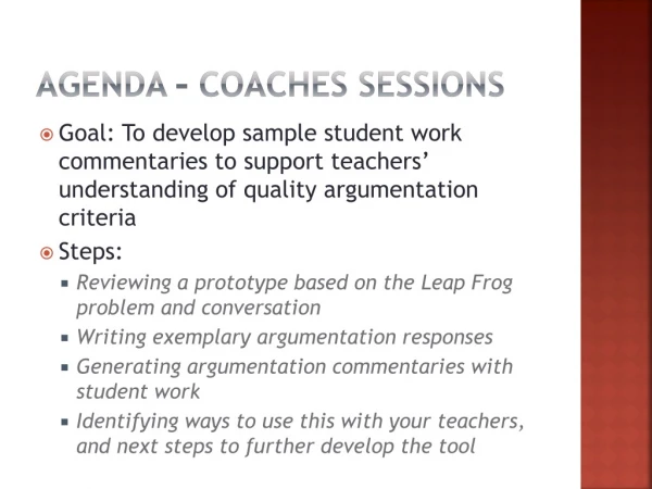 Agenda – Coaches Sessions