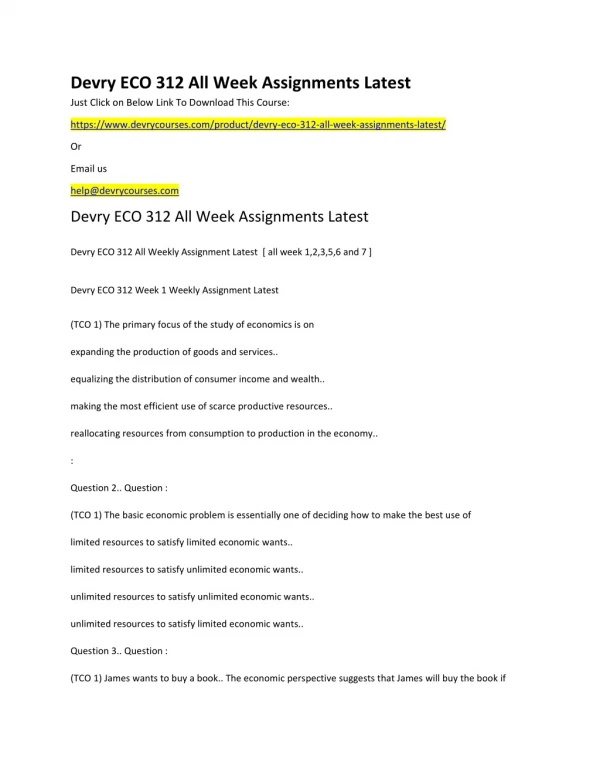 Devry ECO 312 All Week Assignments Latest