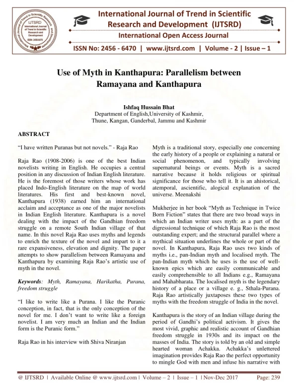 Use of Myth in Kanthapura Parallelism Between Ramayana and Kanthapura