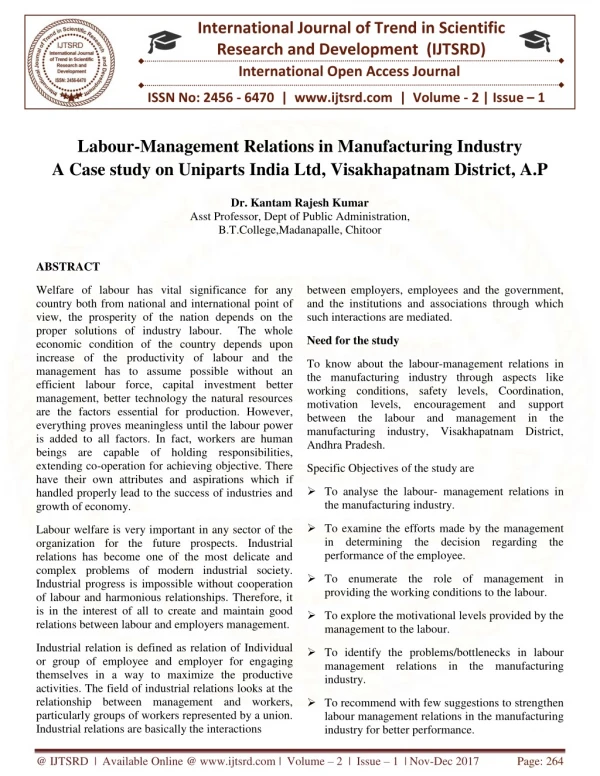 Labour Management Relations in Manufacturing Industry A Case study on Uniparts India Ltd, Visakhapatnam District, A.P
