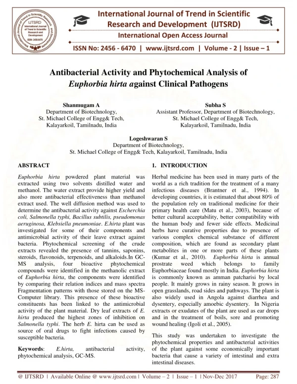 Antibacterial Activity and Phytochemical Analysis of Euphorbia hirta Against Clinical Pathogens