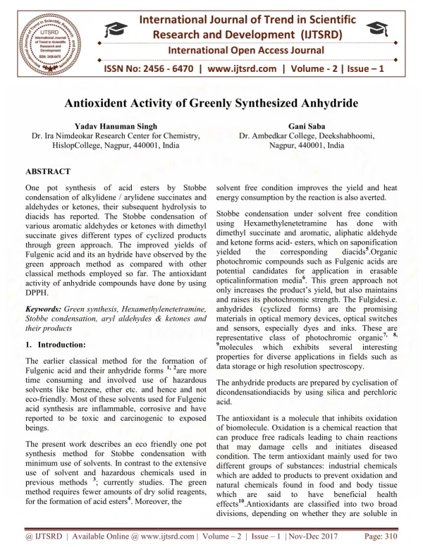 Antioxident Activity of Greenly Synthesized Anhydride