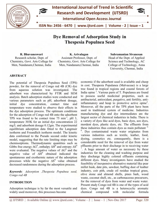 Dye Removal of Adsorption Study in Thespesia Populnea Seed