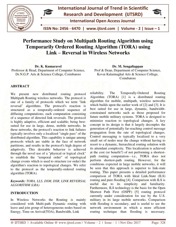 Performance Study on Multipath Routing Algorithm using Temporarily Ordered Routing Algorithm TORA using Link - Reversal