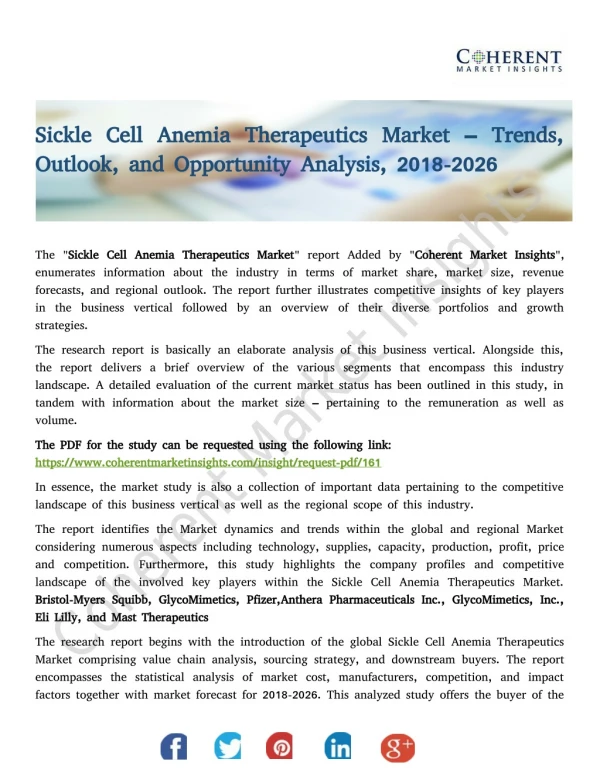 Sickle Cell Anemia Therapeutics Market – Trends, Outlook, and Opportunity Analysis, 2018-2026