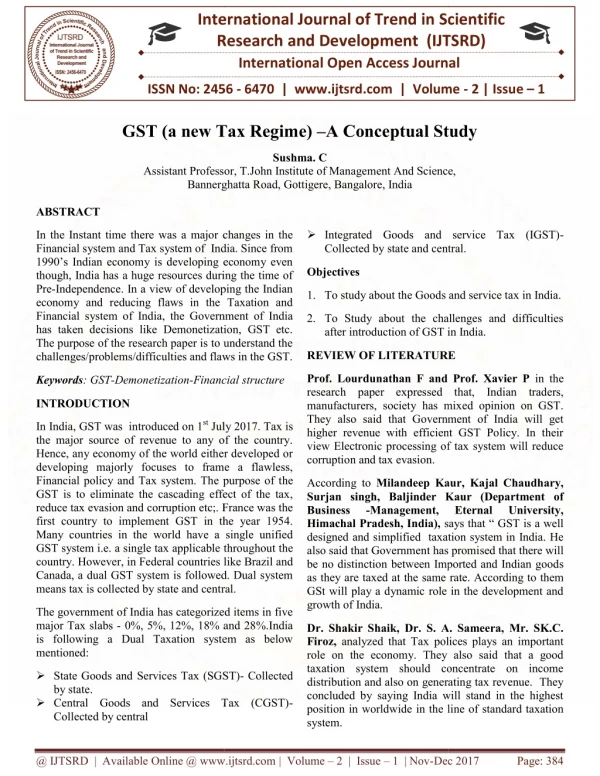 GST a new Tax Regime -A Conceptual Study