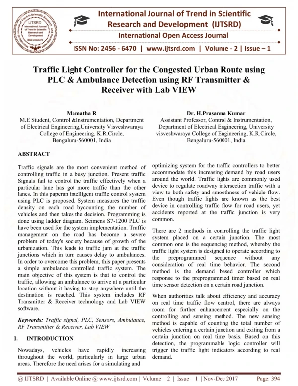 Traffic light Controller for the Congested Urban Route using PLC and Ambulance Detection using RF Transmitter and Receiv