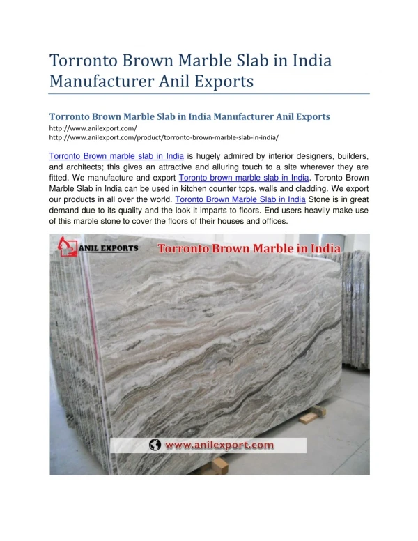 Torronto Brown Marble Slab in India Manufacturer Anil Exports