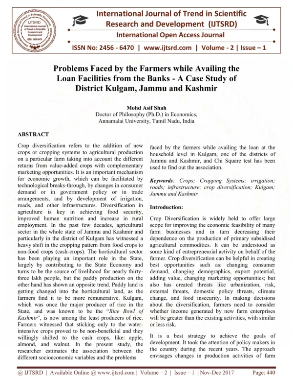 Problems Faced by the Farmers while Availing the Loan Facilities from the Banks A Case Study of District Kulgam, Jammu a