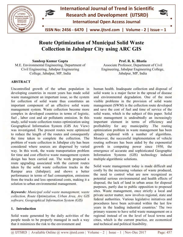 Route Optimization of Municipal Solid Waste Collection in Jabalpur City using ARC GIS