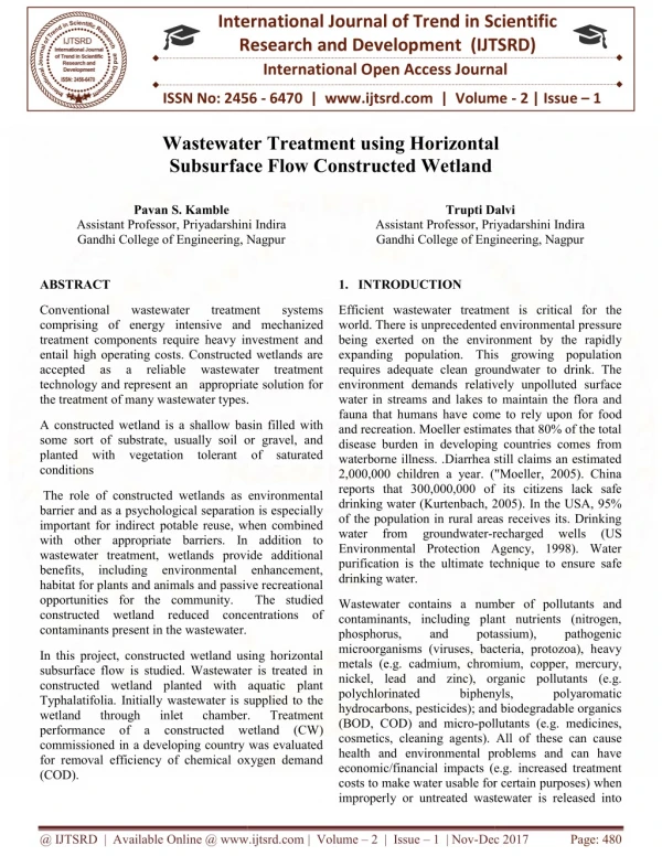 Wastewater Treatment using Horizontal Subsurface Flow Constructed Wetland