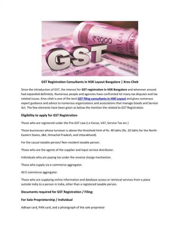 GST Registration Consultants in HSR Layout Bangalore | Kros-Chek