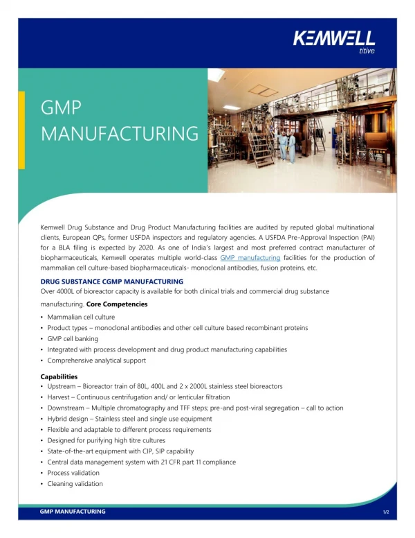 cGMP Manufacturing - Kemwell Biopharma