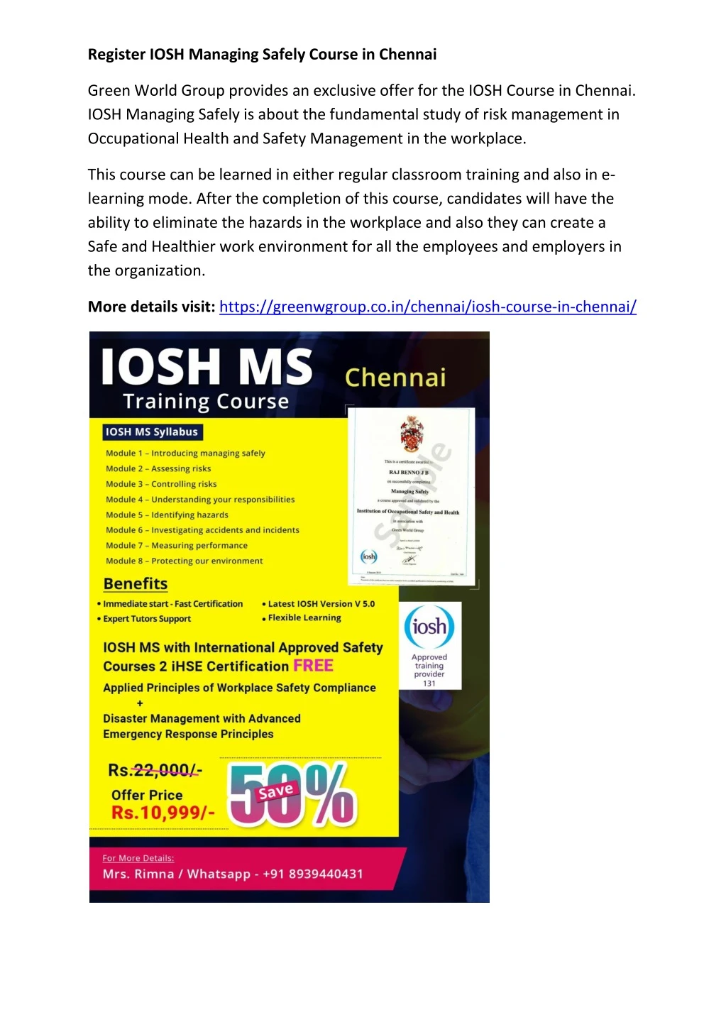 register iosh managing safely course in chennai