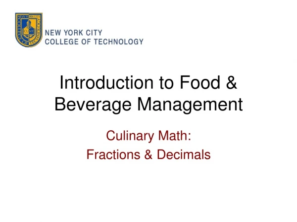 Introduction to Food &amp; Beverage Management