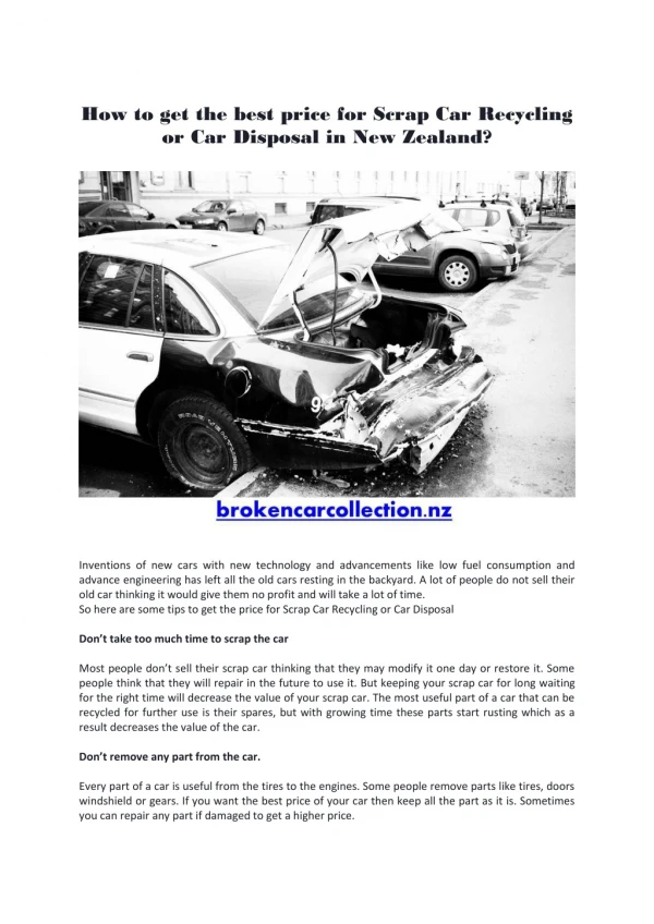 How to get the best price for Scrap Car Recycling or Car Disposal in New Zealand?