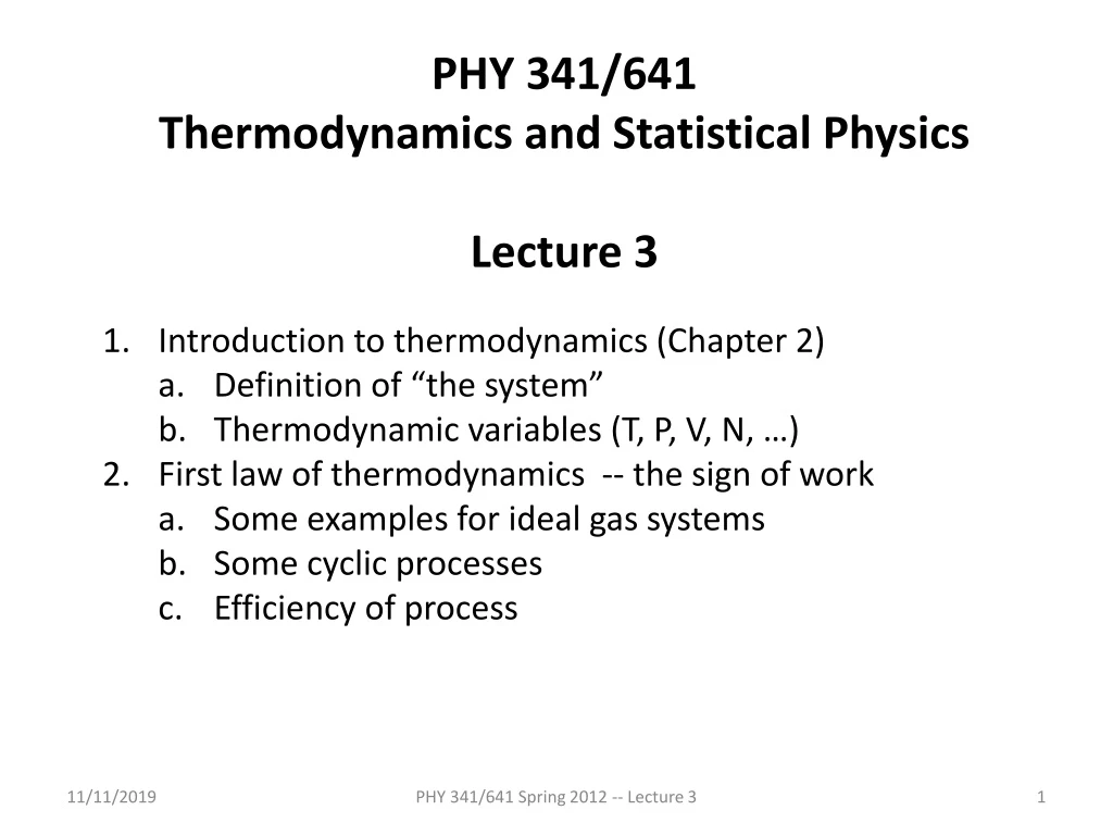 phy 341 641 thermodynamics and statistical