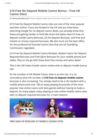 £10 Free No Deposit Mobile Casino Bonus – Free UK Casino Sites!