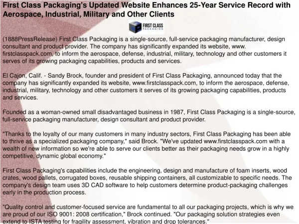 First Class Packaging's Updated Website Enhances 25-Year Ser
