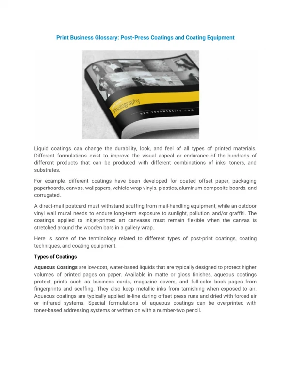 Print Business Glossary: Post-Press Coatings and Coating Equipment