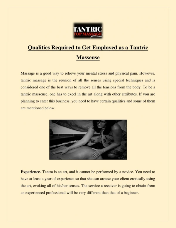 Qualities Required to Get Employed as a Tantric Masseuse