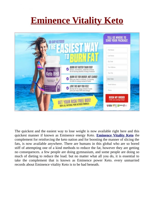 Eminence Vitality Keto Reviews Side impacts and Ingredients, Scam or not!