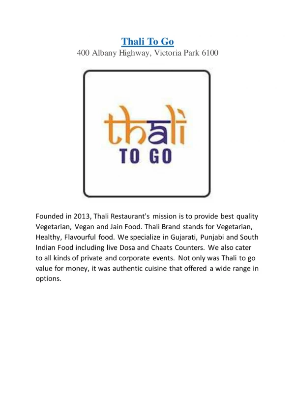 15% Off - Thali To Go-Victoria Park - Order Food Online