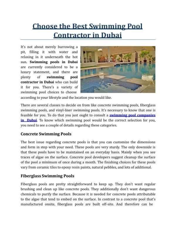Choose the Best Swimming Pool Contractor in Dubai