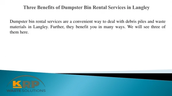 Three Benefits of Dumpster Bin Rental Services in Langley