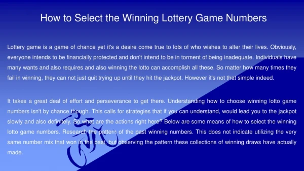 How to Select the Winning Lottery Game Numbers