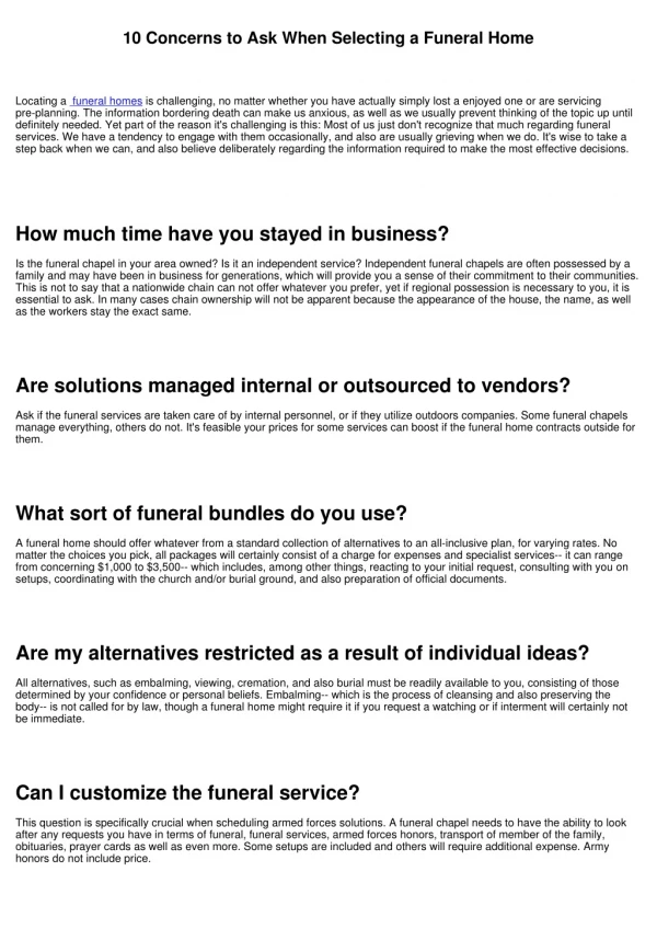 10 concerns to ask when selecting a funeral home