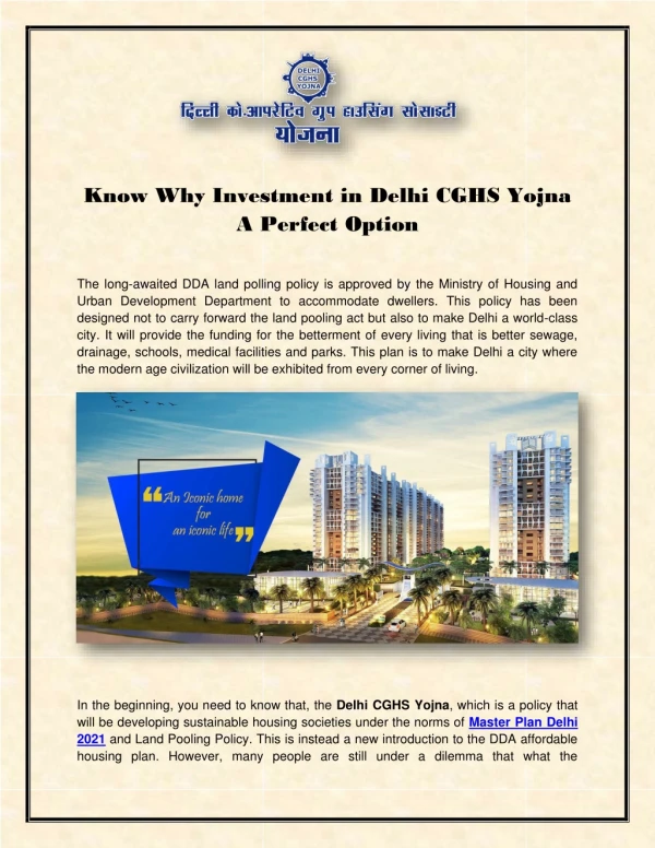 Know Why Investment in Delhi CGHS Yojna A Perfect Option