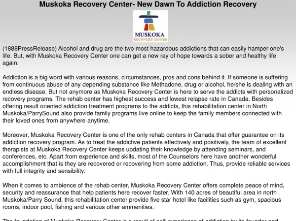 Muskoka Recovery Center- New Dawn To Addiction Recovery