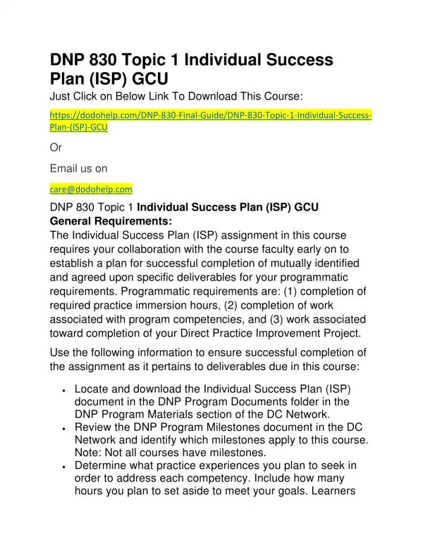 DNP 830 Topic 1 Individual Success Plan (ISP) GCU
