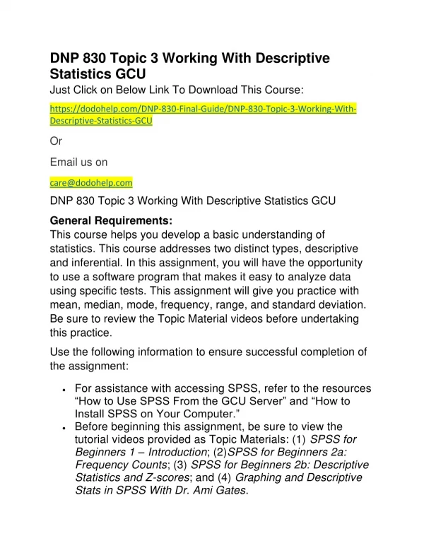 DNP 830 Topic 3 Working With Descriptive Statistics GCU