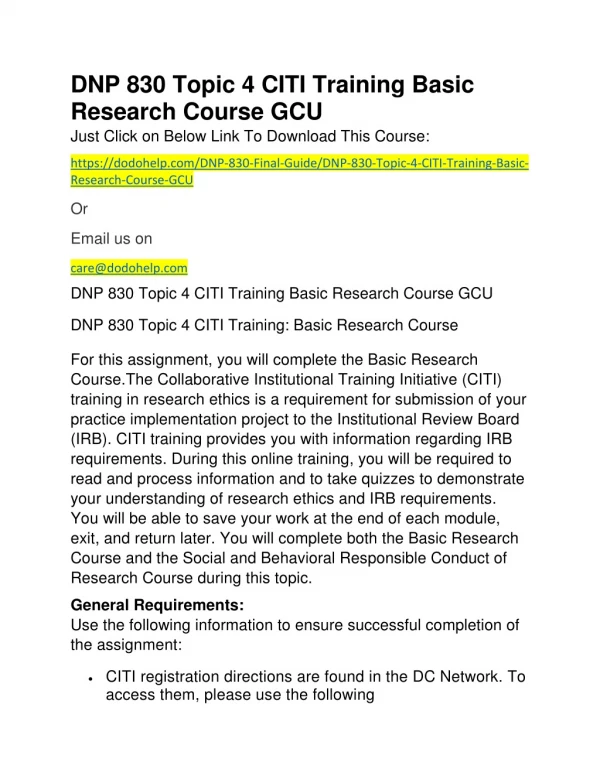 DNP 830 Topic 4 CITI Training Basic Research Course GCU