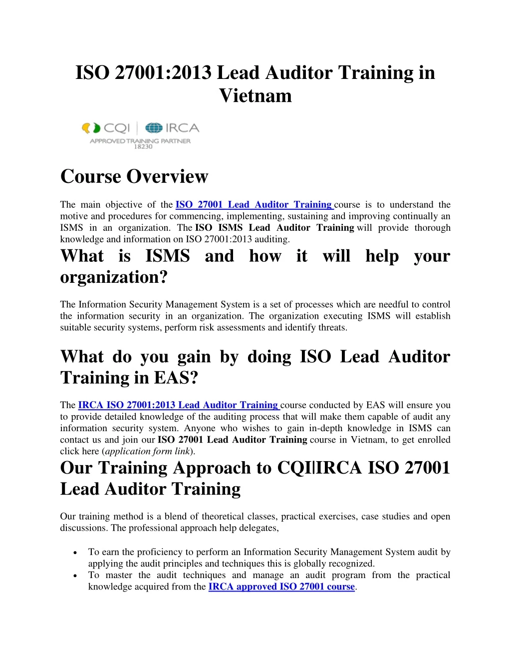 iso 27001 2013 lead auditor training in vietnam