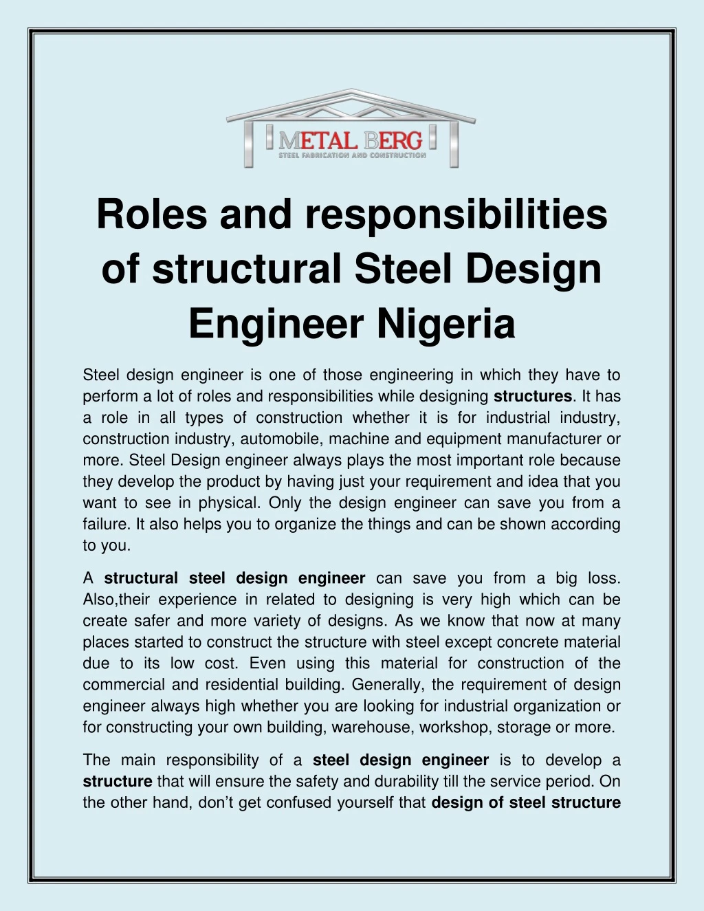 roles and responsibilities of structural steel