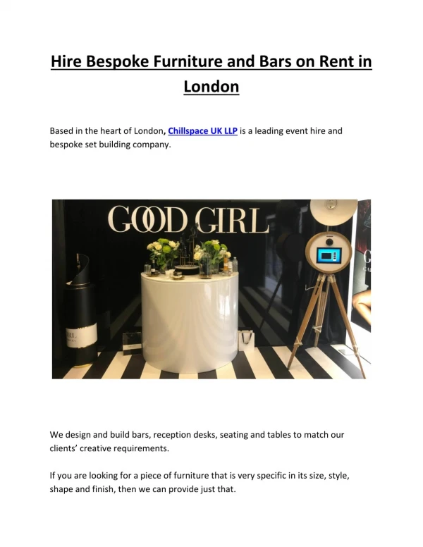hire bespoke furniture and bars on rent in london