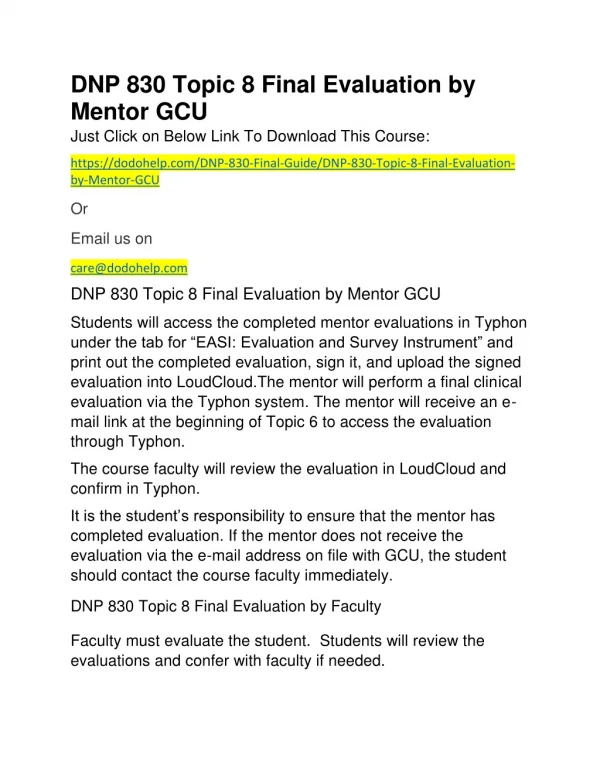 DNP 830 Topic 8 Final Evaluation by Mentor GCU