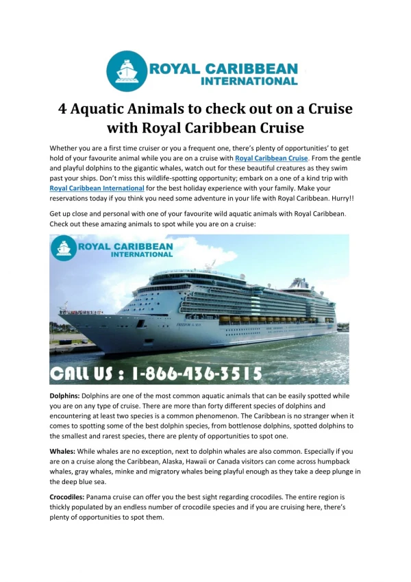 4 Aquatic Animals to check out on a Cruise with Royal Caribbean Cruise